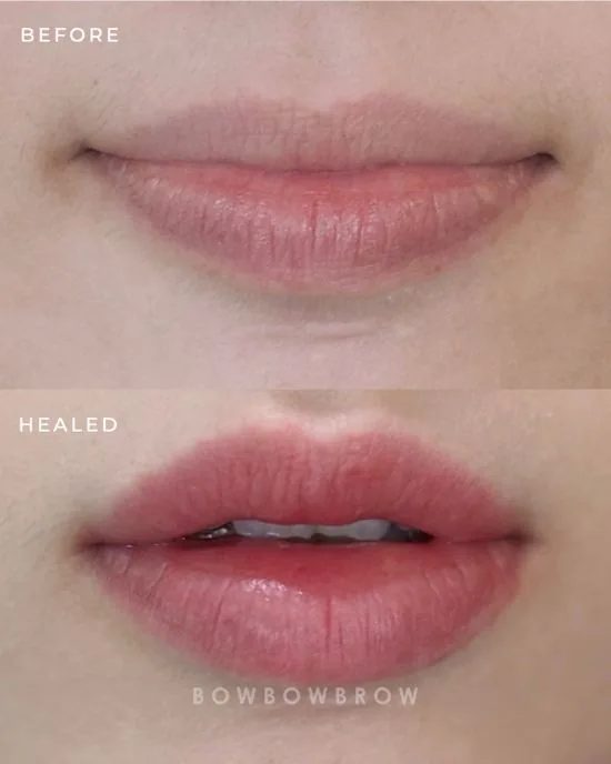 Healed lips embroidery result, pale lips softened into a natural rose tint with a defined lip line, Bowbowbrow Malaysia