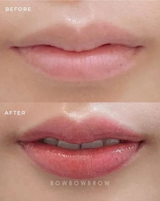 Lips embroidery before and after, uneven pale lips balanced into a glossy coral pink, Bowbowbrow Petaling Jaya