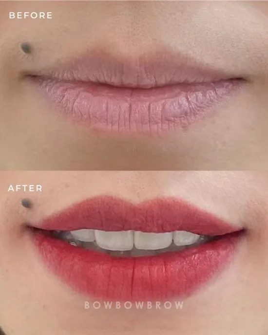 Lips embroidery before and after, pale washed-out lips given a deep rose lipstick tone, Bowbowbrow Penang