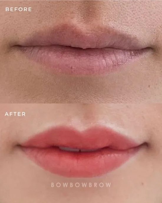 Lips embroidery before and after, dull greyish lips corrected to a warm coral pink, Bowbowbrow Malaysia
